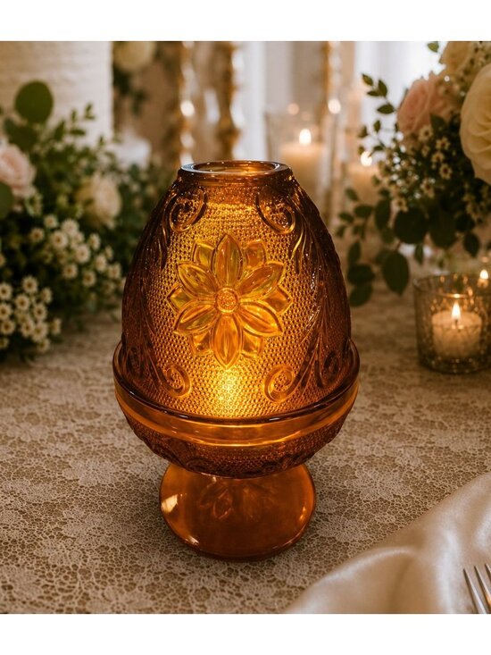Indiana Glass Tiara Other - Vintage Amber Fairy Lamp by Tiara Exclusives | Indiana Glass Floral Candle Holde